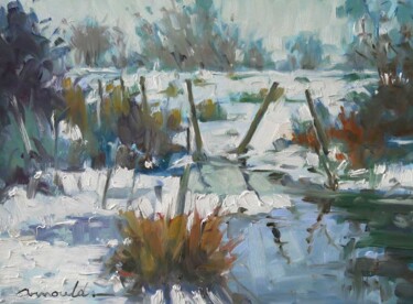 Painting titled "Neige à la campagne…" by Christian Arnould, Original Artwork, Oil