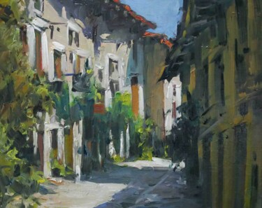Painting titled "Rue éclairée" by Christian Arnould, Original Artwork, Oil