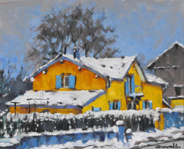 Peinture intitulée "La maison jaune à R…" par Christian Arnould, Œuvre d'art originale, Huile