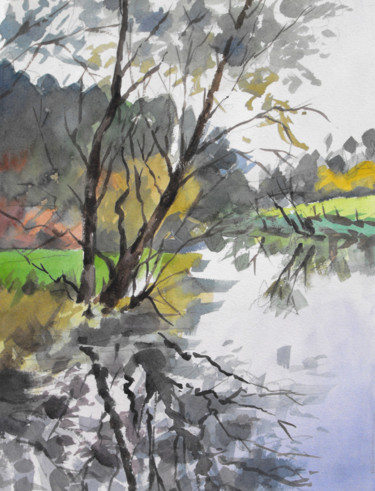 Pintura intitulada "Reflets d'arbres" por Christian Arnould, Obras de arte originais, Aquarela