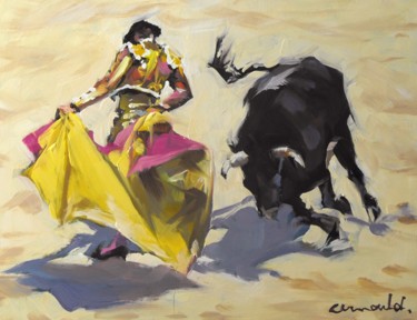 Pintura intitulada "Toro (huile sur boi…" por Christian Arnould, Obras de arte originais, Óleo