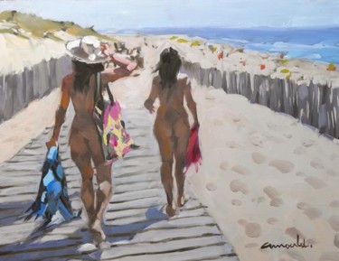Peinture intitulée "Sur la plage ensole…" par Christian Arnould, Œuvre d'art originale, Huile