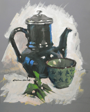 Painting titled "Cafetière verte (hu…" by Christian Arnould, Original Artwork, Oil