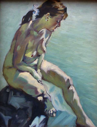 Schilderij getiteld "Nu au bord de l'eau" door Christian Arnould, Origineel Kunstwerk, Olie