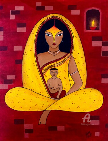 Картина под названием "Mother's Love" - Arpa Mukhopadhyay, Подлинное произведение искусства, Акрил