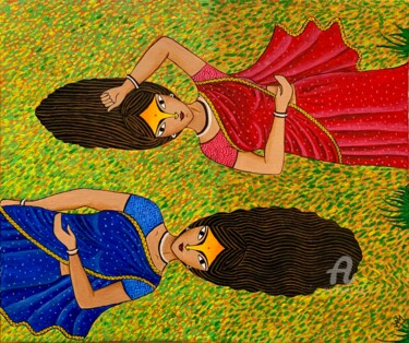 Peinture intitulée "Indian Village Wome…" par Arpa Mukhopadhyay, Œuvre d'art originale, Acrylique