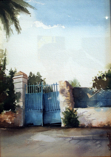 Painting titled "Vielle porte" by Raouf Arfaoui, Original Artwork, Watercolor Mounted on Wood Stretcher frame
