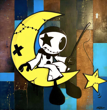 Painting titled "Pêche à la lune" by Arsen, Original Artwork, Acrylic Mounted on Wood Panel