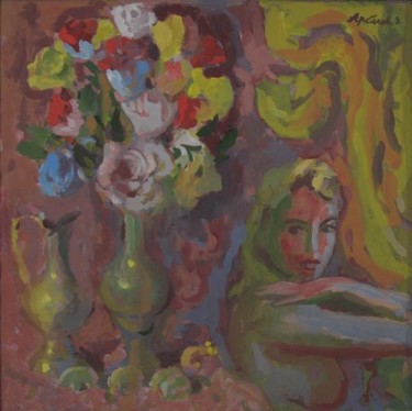 Картина под названием "Дама с букетом роз" - Владимир Арсёнов, Подлинное произведение искусства