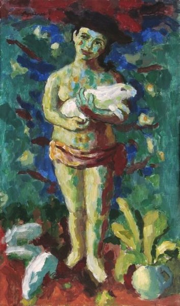 Картина под названием "Девушка с кроликом" - Владимир Арсёнов, Подлинное произведение искусства, Масло