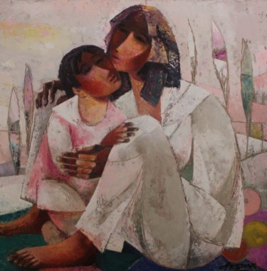 Painting titled "Mother and child" by Arshak Nersisyan, Original Artwork, Oil Mounted on Wood Stretcher frame