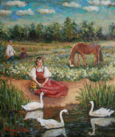 Malerei mit dem Titel "Дикие лебеди" von Inna Riazanova, Original-Kunstwerk, Öl