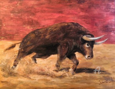 Painting titled "Bull "Achiever", or…" by Natalia Shestopalova, Original Artwork, Acrylic Mounted on Wood Stretcher frame