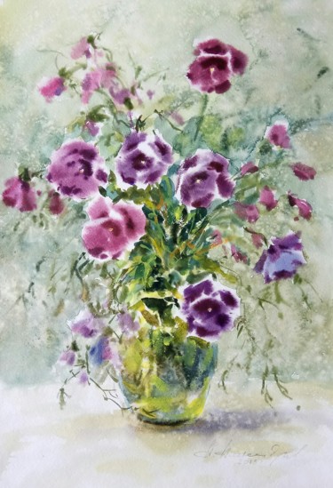 Картина акварелью Цветы Фиалки. Цветы акварелью. Цветок. Peinture intitulée "Картина акварелью Ц…" par Александр Александров, Œuvre d'art originale, Aquarelle