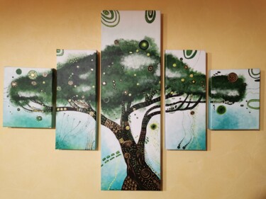Painting titled "L'arbre magique" by Coralie Deroche, Original Artwork, Acrylic Mounted on Wood Panel