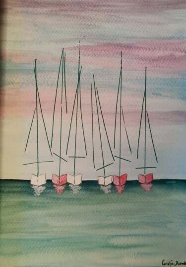 Malerei mit dem Titel "Les voiliers rosés" von Coralie Deroche, Original-Kunstwerk, Aquarell Auf Holzplatte montiert