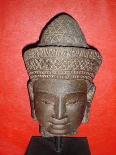Sculpture titled "Head of KHMER Statue" by Art Deco Chiangmai Thailand Odyaiphsaal Etch, Original Artwork