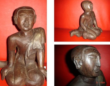 Sculpture titled "TEAK WOOD MONK" by Art Deco Chiangmai Thailand Odyaiphsaal Etch, Original Artwork
