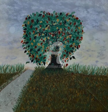 Ζωγραφική με τίτλο "L'arbre vert" από Art Démétré, Αυθεντικά έργα τέχνης, Ακρυλικό Τοποθετήθηκε στο Ξύλινο φορείο σκελετό