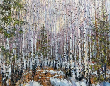 Painting titled "Birch Calico" by Sergey Demidenko, Original Artwork, Oil Mounted on Wood Stretcher frame