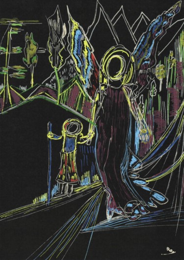 Disegno intitolato "Carte A5 noire, 011" da Rafqa, Opera d'arte originale, Inchiostro