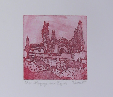 Printmaking titled "PAYSAGE AUX CYPRES…" by Michèle Froment, Original Artwork, Engraving