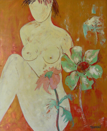 Painting titled "NU AUX FLEURS Ref.…" by Michèle Froment, Original Artwork, Oil Mounted on Wood Stretcher frame