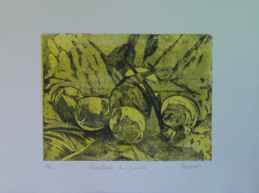 Druckgrafik mit dem Titel "CLEMENTINES DU JARD…" von Michèle Froment, Original-Kunstwerk, Gravur Auf Karton montiert