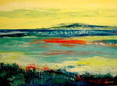 Painting titled "MARINE -COUCHER DE…" by Michèle Froment, Original Artwork, Oil Mounted on Wood Stretcher frame