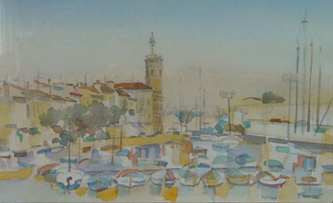 Painting titled "PETIT PORT DE LA CI…" by Michèle Froment, Original Artwork, Watercolor Mounted on Cardboard