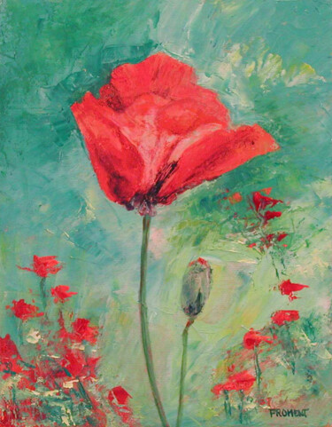 Painting titled "COQUELICOTS" by Michèle Froment, Original Artwork, Oil Mounted on Wood Stretcher frame