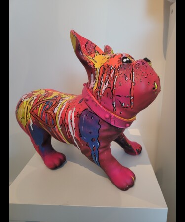 Sculpture titled "Pink popart love dog" by Art Hugo, Original Artwork, Acrylic
