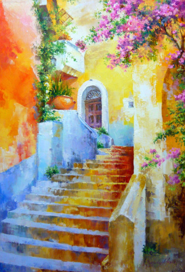 Schilderij getiteld "Italian courtyard" door Sergey Kudryavtsev, Origineel Kunstwerk, Olie