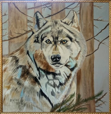 Картина под названием "Серый волк" - Daniyar Mamatov, Подлинное произведение искусства, Масло Установлен на Деревянная рама…