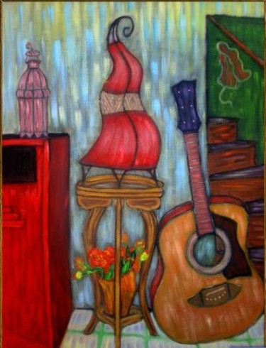 Peinture intitulée "lampes et guitare" par Madi, Œuvre d'art originale, Huile