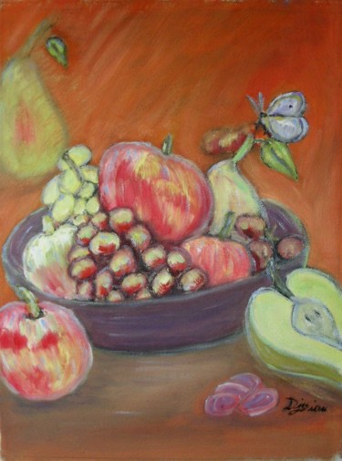 Peinture intitulée "fruits et papillon" par Madi, Œuvre d'art originale, Huile