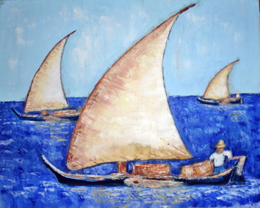 Peinture intitulée "partie de pêche" par Madi, Œuvre d'art originale, Huile