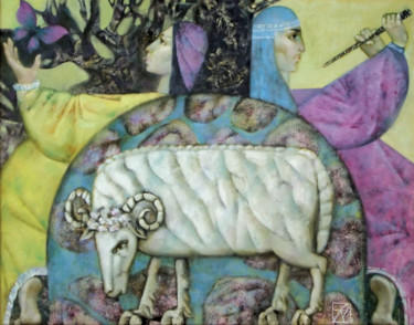 Painting titled "The shepherds" by Maria Aristova, Original Artwork, Oil Mounted on Wood Stretcher frame