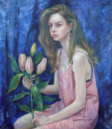 Painting titled "The girl with a pin…" by Maria Aristova, Original Artwork, Oil Mounted on Wood Stretcher frame