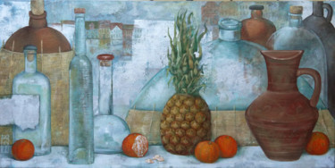 Painting titled "Winter still life" by Maria Aristova, Original Artwork, Acrylic Mounted on Wood Stretcher frame