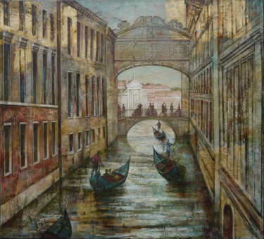 Painting titled "Lovers on the bridge" by Maria Aristova, Original Artwork, Oil Mounted on Wood Stretcher frame