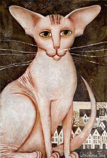 Картина под названием "Winter cat" - Maria Aristova, Подлинное произведение искусства, Масло