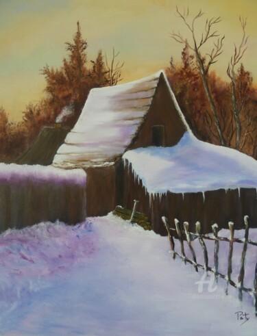 Painting titled "LA CABANE SOUS LA N…" by Paty, Original Artwork, Oil