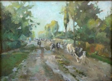 Painting titled "Village street." by Eugenie Sizov, Original Artwork, Oil