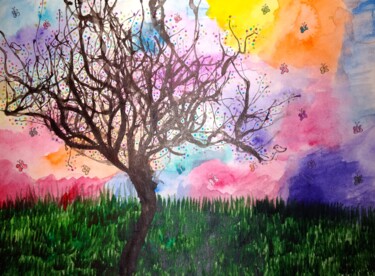 Картина под названием "Одинокое дерево" - Art-Teodora, Подлинное произведение искусства, Акварель