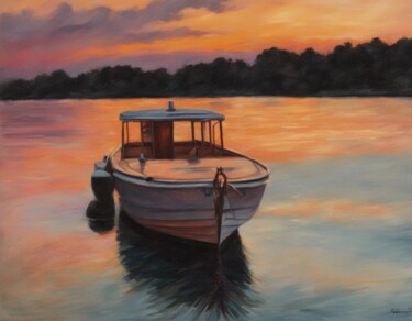 Digitale Kunst getiteld "Boat At Sunset 1" door Art-Teodora, Origineel Kunstwerk, AI gegenereerde afbeelding