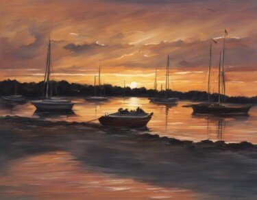 Arte digital titulada "Boat At Sunset 3" por Art-Teodora, Obra de arte original, Imagen generada por IA