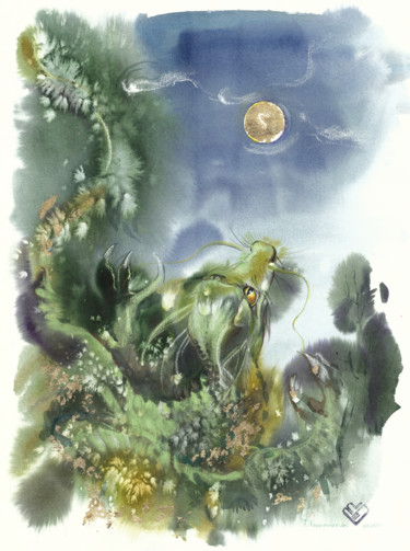 Peinture intitulée "dragon looking at t…" par Tatiana Ponomareva, Œuvre d'art originale, Aquarelle Monté sur Carton