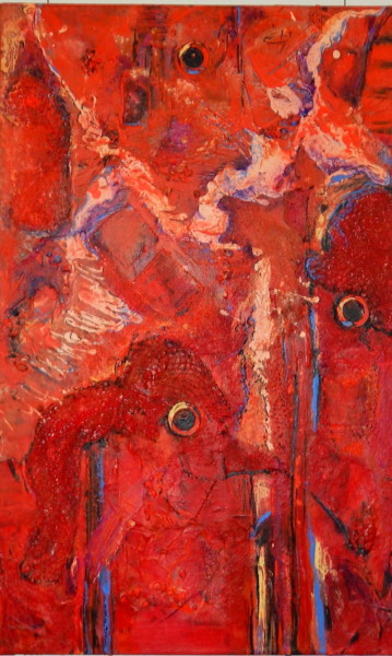 Malerei mit dem Titel "Collage in Rot" von Urs, Original-Kunstwerk, Acryl