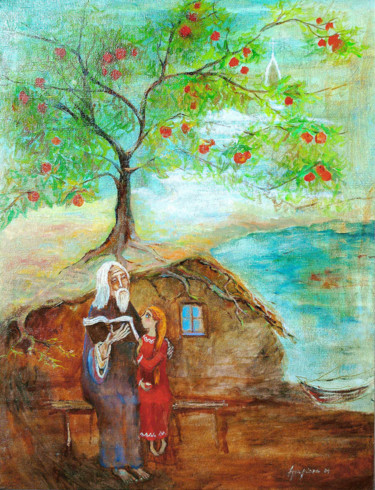 Painting titled "Дед, расскажи мне..." by Agrafena Gandziuk, Original Artwork, Oil Mounted on Wood Stretcher frame